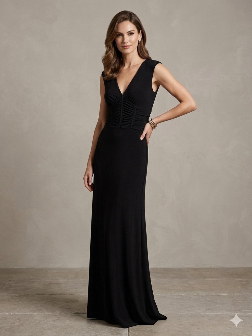 Black V-Neck Sleeveless Maxi Dress with Ruched Bodice